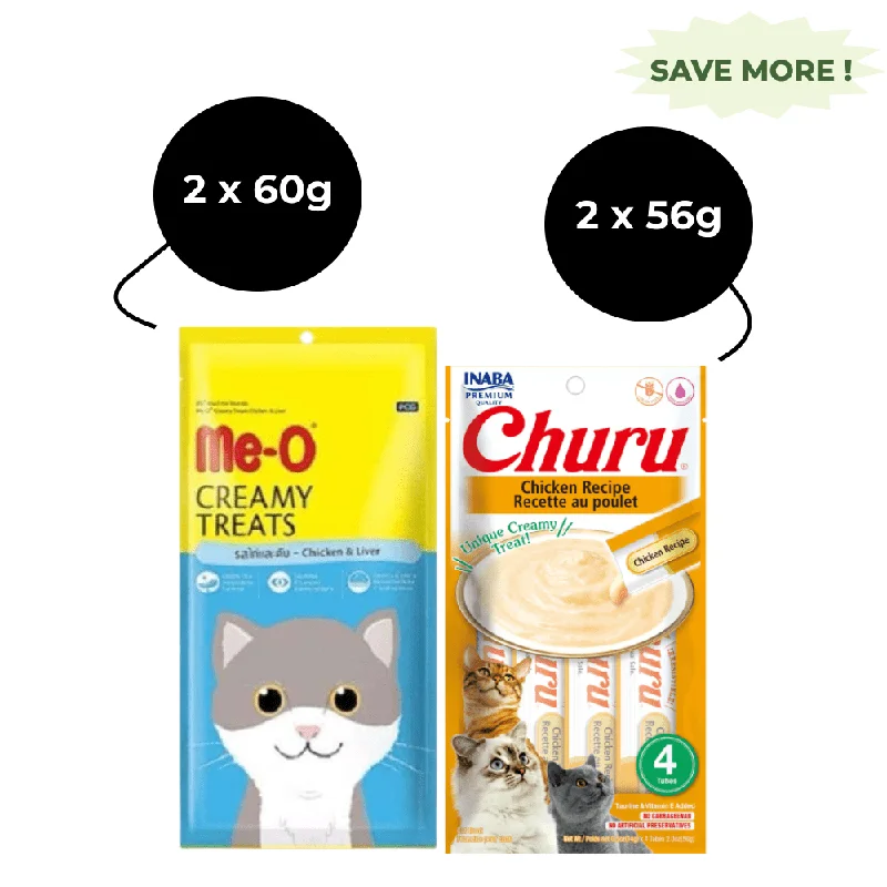 Me O Creamy Chicken & Liver and INABA Churu Chicken Creamy Cat Treats Combo (2+2)