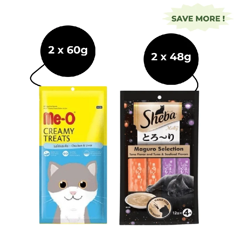 Me O Creamy Chicken & Liver and  Sheba Tuna & Tuna Seafood Maguro Selection Melty Premium Cat Treats Combo